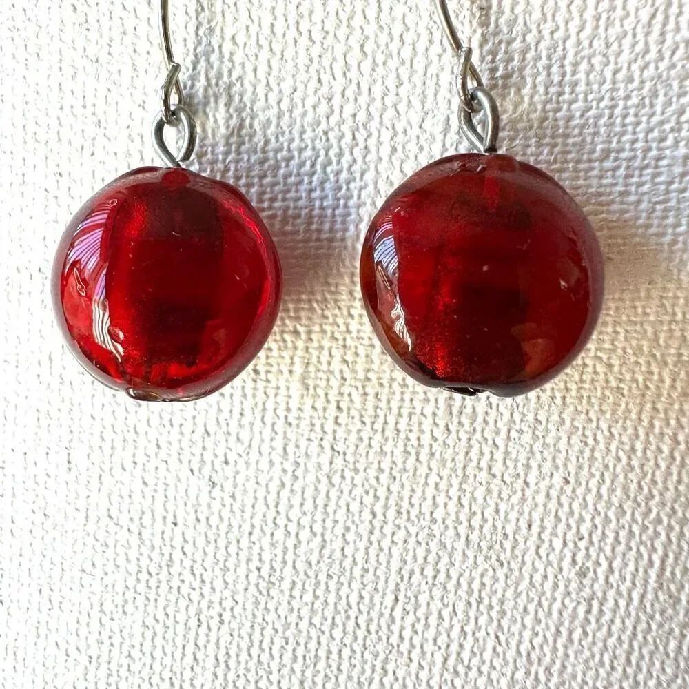 Red glass bead drop earrings